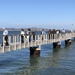 people on a bridge on the pier