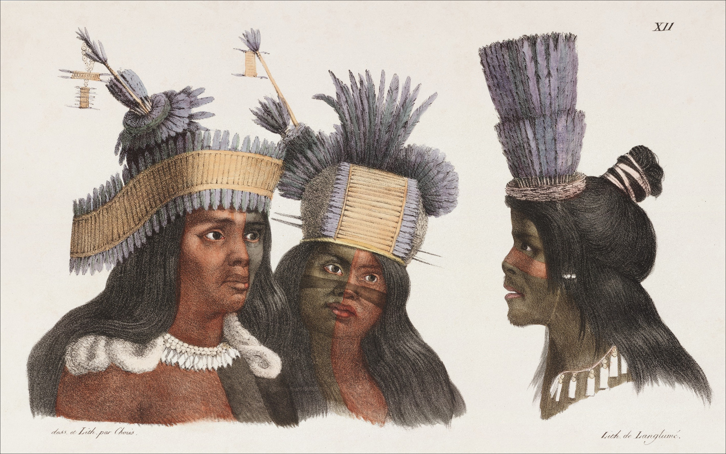  Watercolor of traditional Ohlone headdresses by Louis Choris